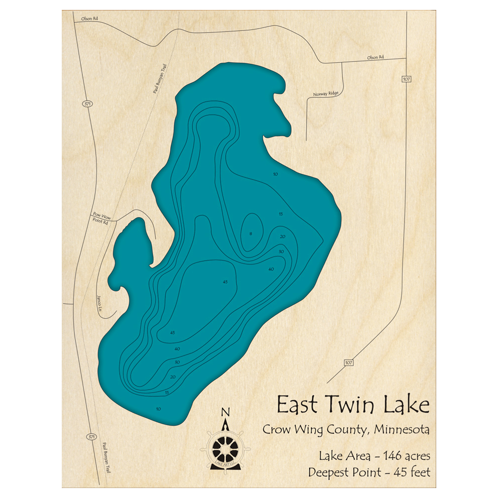 Bathymetric topo map of Twin Lake, MN with roads, towns and depths noted in blue water.
