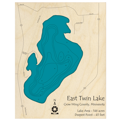 Bathymetric topo map of Twin Lake, MN with roads, towns and depths noted in blue water.