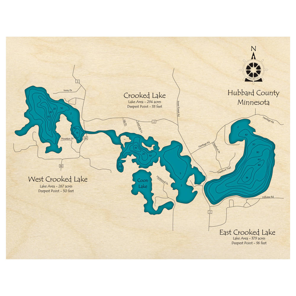 Bathymetric topo map of Crooked Lake, MN with roads, towns and depths noted in blue water.