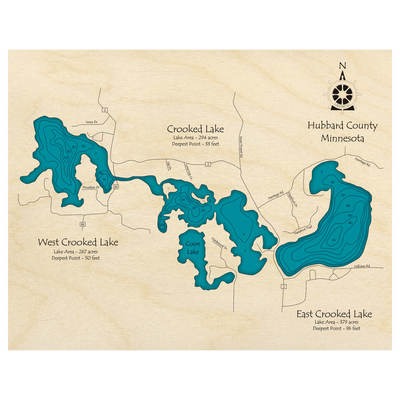 Bathymetric topo map of Crooked Lake, MN with roads, towns and depths noted in blue water.