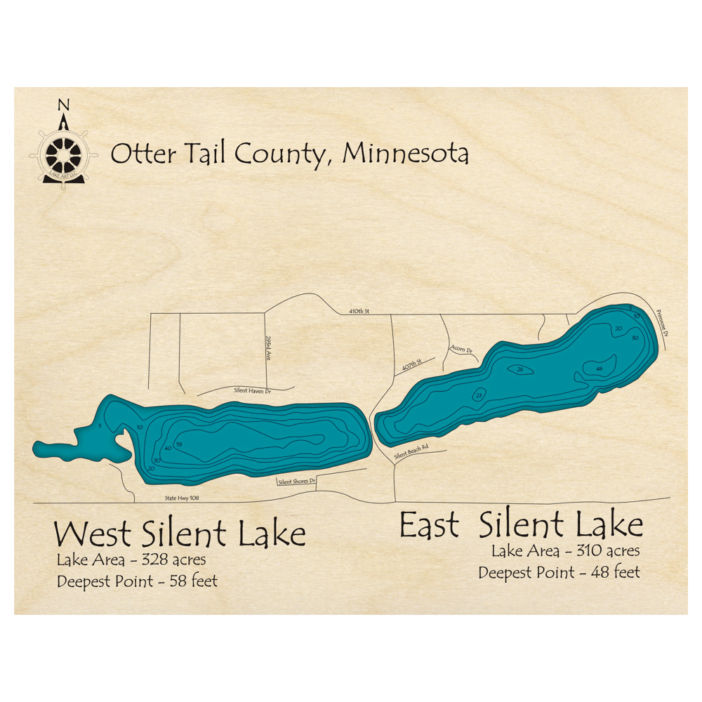 Bathymetric topo map of Silent Lakes, MN with roads, towns and depths noted in blue water.