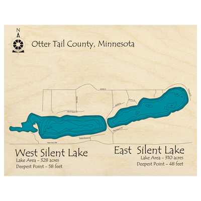 Bathymetric topo map of Silent Lakes, MN with roads, towns and depths noted in blue water.