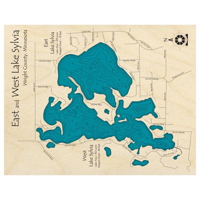 Bathymetric topo map of East and West Lake Sylvia, MN with roads, towns and depths noted in blue water.
