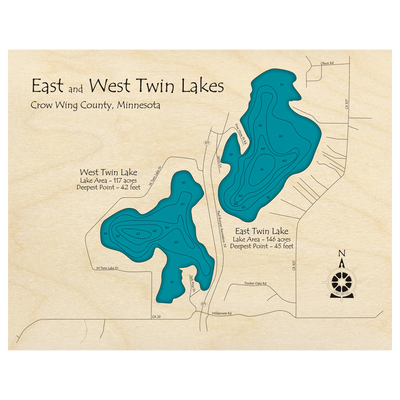 Bathymetric topo map of Twin Lakes, MN with roads, towns and depths noted in blue water.