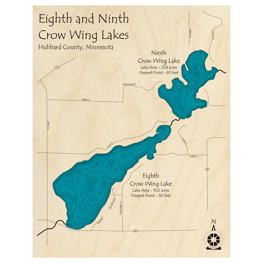 Bathymetric topo map of Eighth and Ninth Crow Wing Lakes, MN with roads, towns and depths noted in blue water.