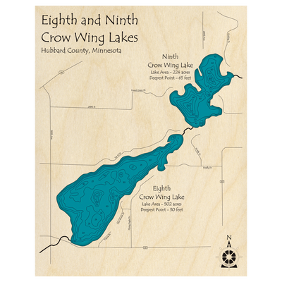 Bathymetric topo map of Eighth and Ninth Crow Wing Lakes, MN with roads, towns and depths noted in blue water.