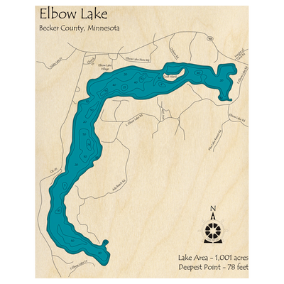 Bathymetric topo map of Elbow Lake, MN with roads, towns and depths noted in blue water.