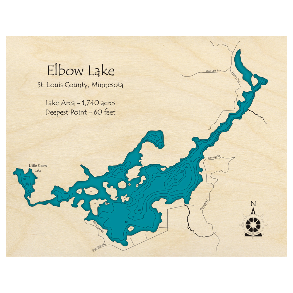 Bathymetric topo map of Elbow Lake, MN with roads, towns and depths noted in blue water.
