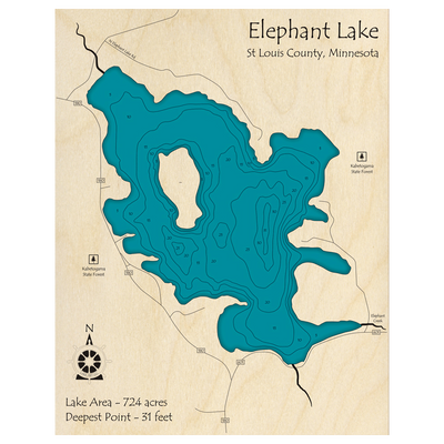 Bathymetric topo map of Elephant Lake, MN with roads, towns and depths noted in blue water.