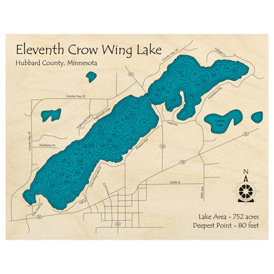 Bathymetric topo map of Eleventh Crow Wing Lake, MN with roads, towns and depths noted in blue water.