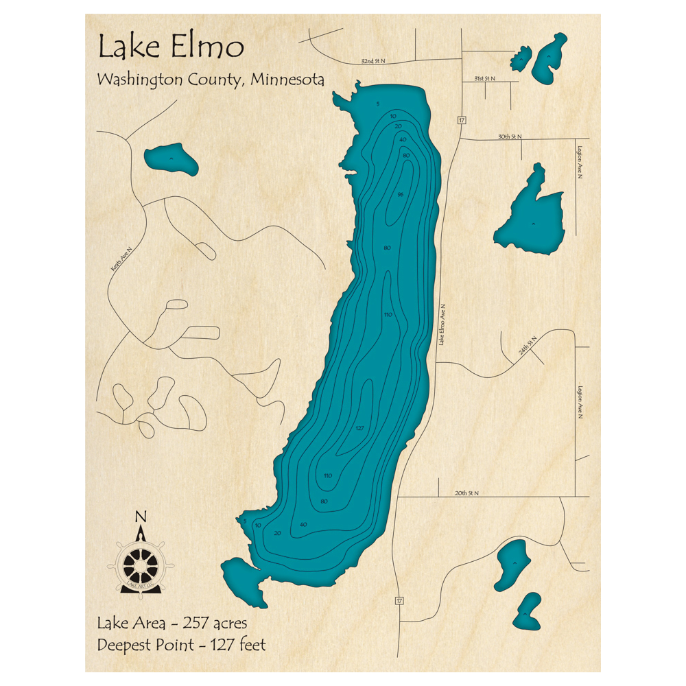 Bathymetric topo map of Lake Elmo, MN with roads, towns and depths noted in blue water.