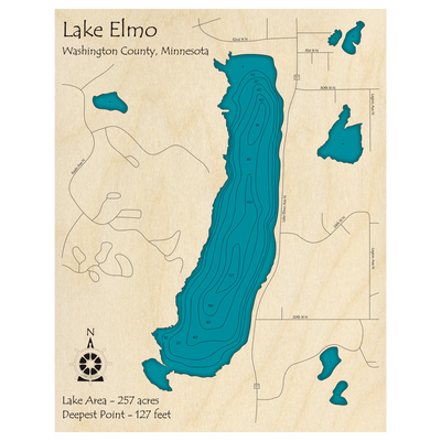 Bathymetric topo map of Lake Elmo, MN with roads, towns and depths noted in blue water.