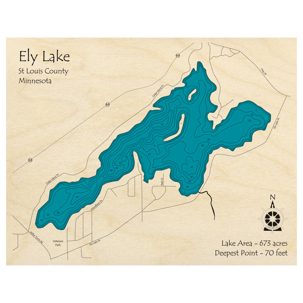 Bathymetric topo map of Ely Lake, MN with roads, towns and depths noted in blue water.