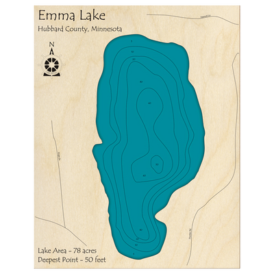 Bathymetric topo map of Emma Lake, MN with roads, towns and depths noted in blue water.
