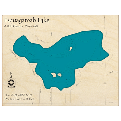 Bathymetric topo map of Esquagamah Lake, MN with roads, towns and depths noted in blue water.
