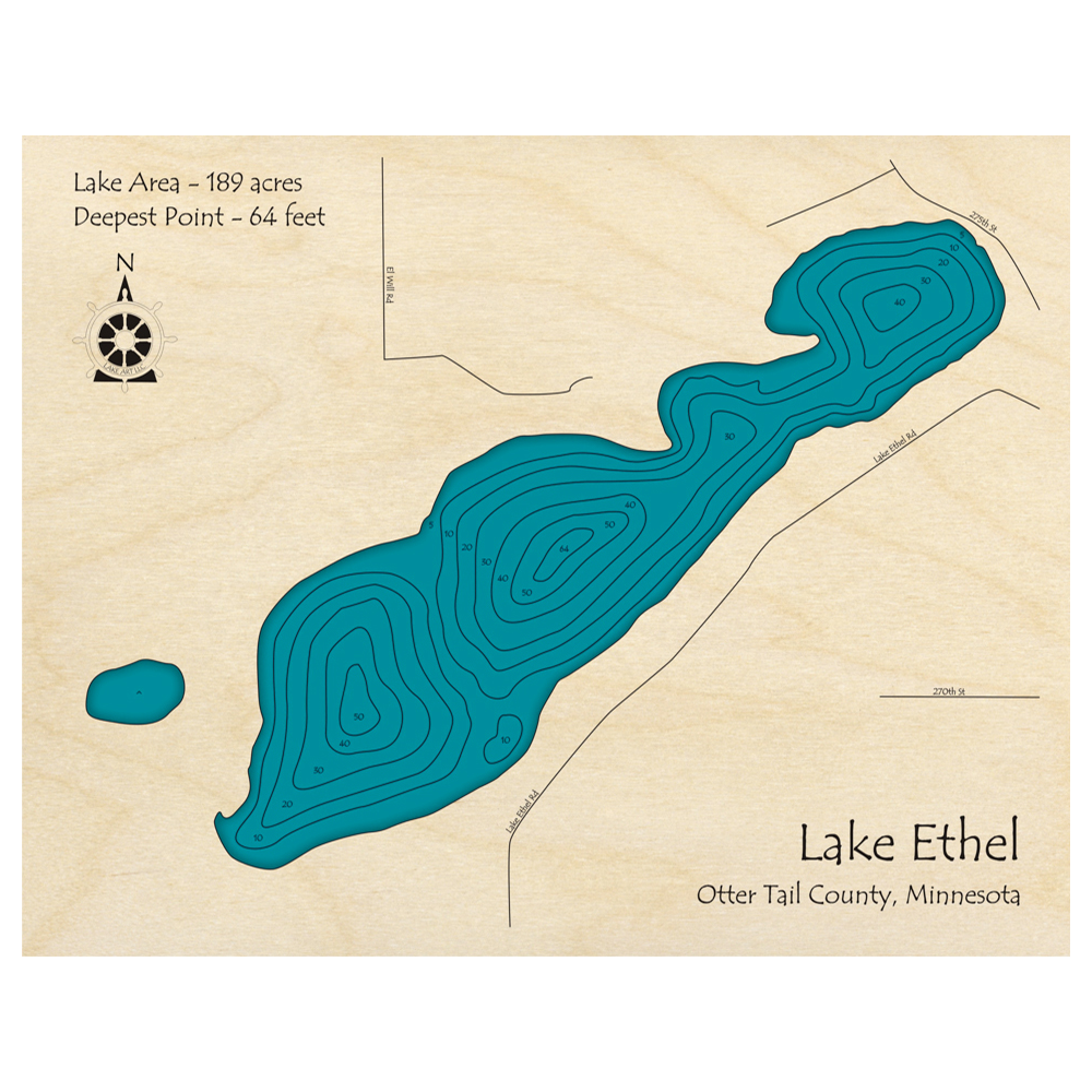 Bathymetric topo map of Lake Ethel, MN with roads, towns and depths noted in blue water.
