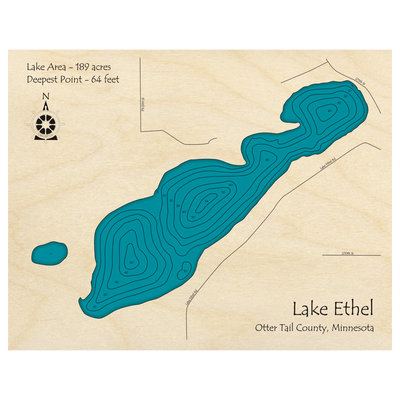Bathymetric topo map of Lake Ethel, MN with roads, towns and depths noted in blue water.