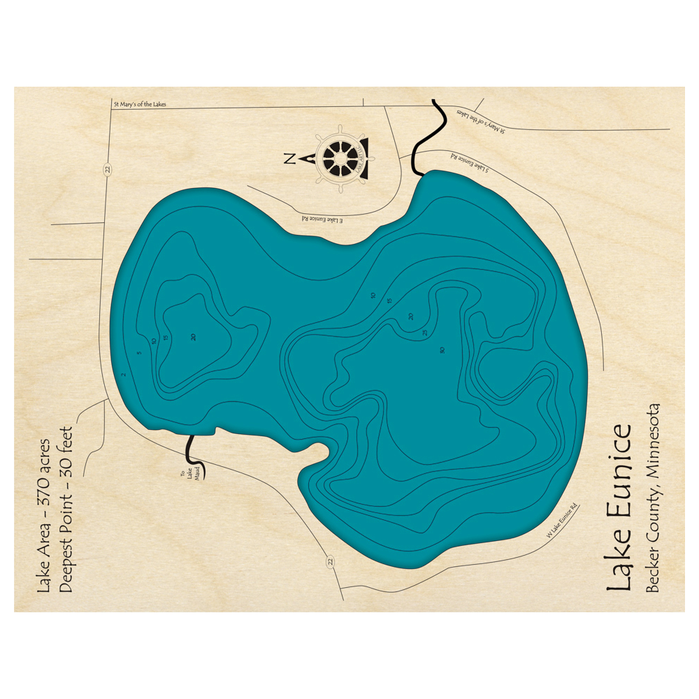 Bathymetric topo map of Lake Eunice, MN with roads, towns and depths noted in blue water.