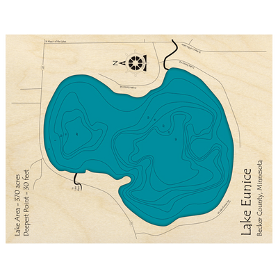 Bathymetric topo map of Lake Eunice, MN with roads, towns and depths noted in blue water.