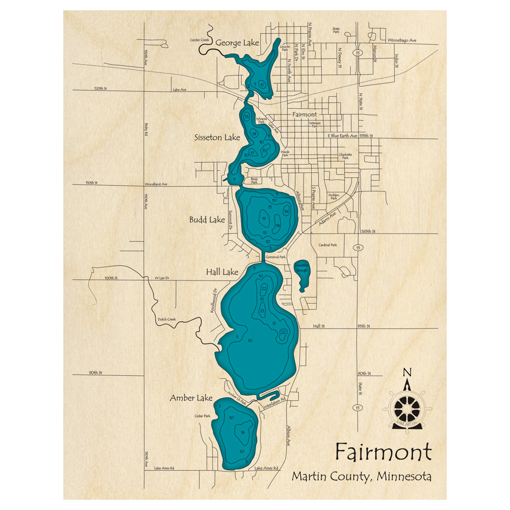 Bathymetric topo map of Fairmont Lakes, MN with roads, towns and depths noted in blue water.