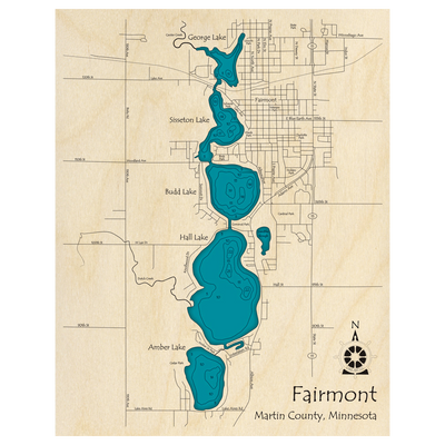 Bathymetric topo map of Fairmont Lakes, MN with roads, towns and depths noted in blue water.