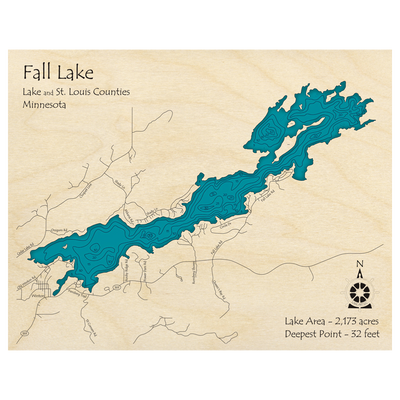 Bathymetric topo map of Fall Lake, MN with roads, towns and depths noted in blue water.