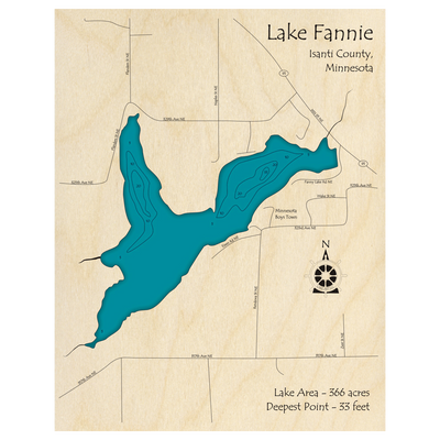 Bathymetric topo map of Lake Fannie, MN with roads, towns and depths noted in blue water.