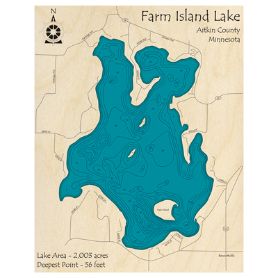 Bathymetric topo map of Farm Island Lake, MN with roads, towns and depths noted in blue water.