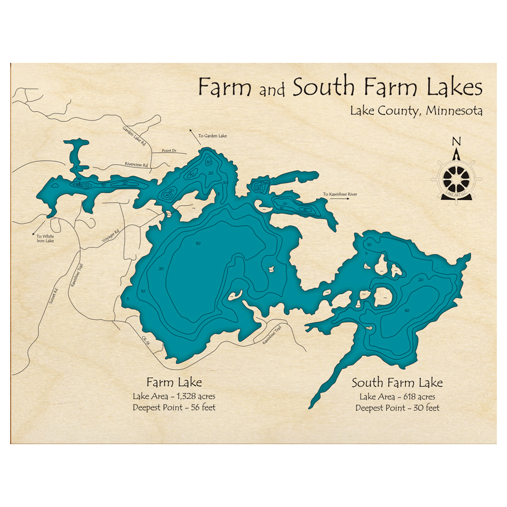 Bathymetric topo map of Farm Lake, MN with roads, towns and depths noted in blue water.