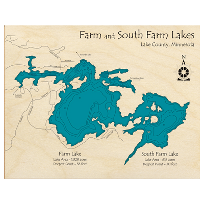 Bathymetric topo map of Farm Lake, MN with roads, towns and depths noted in blue water.