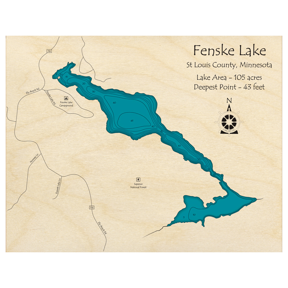 Bathymetric topo map of Fenske Lake, MN with roads, towns and depths noted in blue water.
