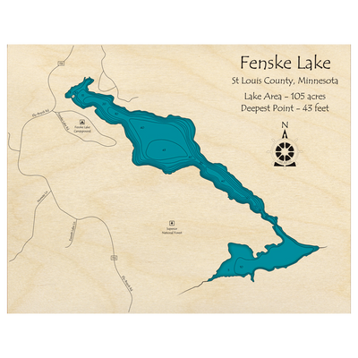 Bathymetric topo map of Fenske Lake, MN with roads, towns and depths noted in blue water.