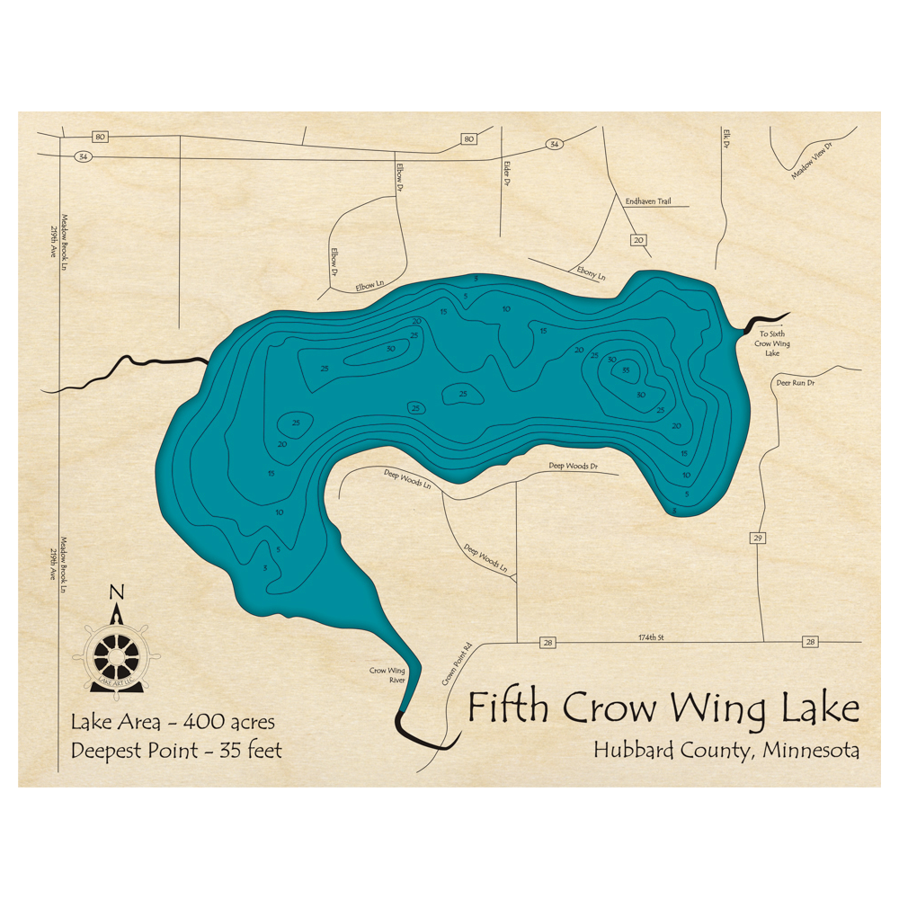 Bathymetric topo map of Fifth Crow Wing, MN with roads, towns and depths noted in blue water.
