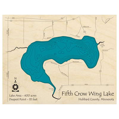 Bathymetric topo map of Fifth Crow Wing, MN with roads, towns and depths noted in blue water.