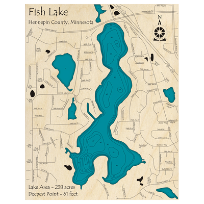 Bathymetric topo map of Fish Lake, MN with roads, towns and depths noted in blue water.