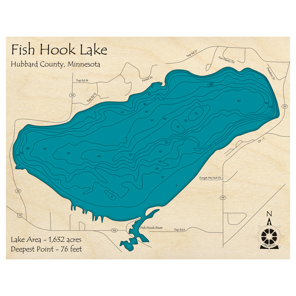 Bathymetric topo map of Fish Hook Lake, MN with roads, towns and depths noted in blue water.