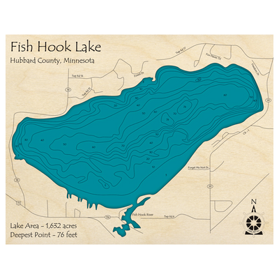 Bathymetric topo map of Fish Hook Lake, MN with roads, towns and depths noted in blue water.