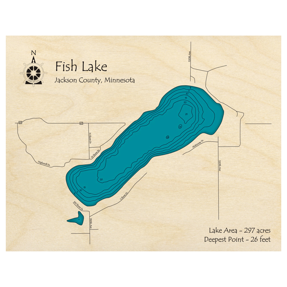 Bathymetric topo map of Fish Lake, MN with roads, towns and depths noted in blue water.