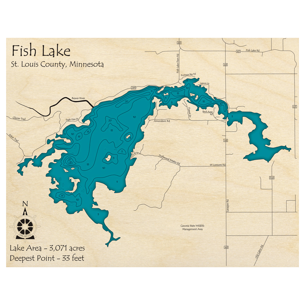 Bathymetric topo map of Fish Lake, MN with roads, towns and depths noted in blue water.