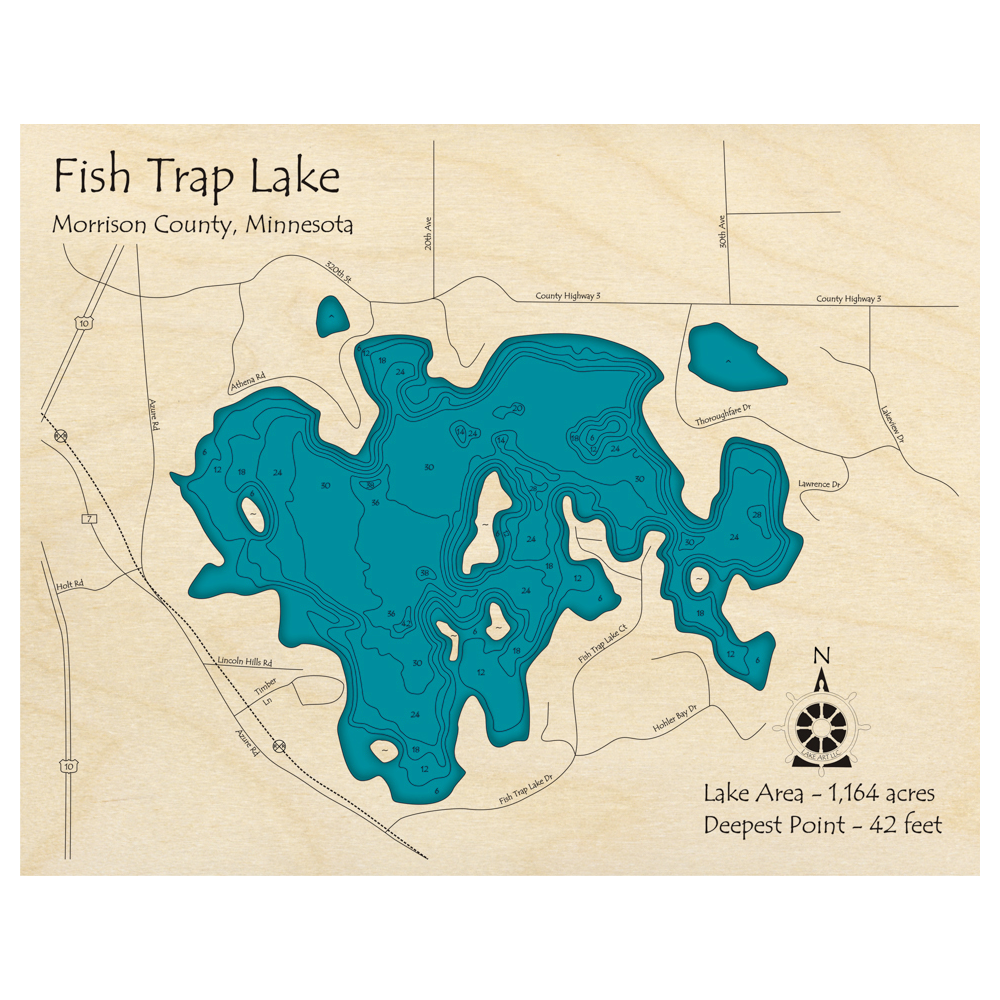 Bathymetric topo map of Fish Trap Lake, MN with roads, towns and depths noted in blue water.