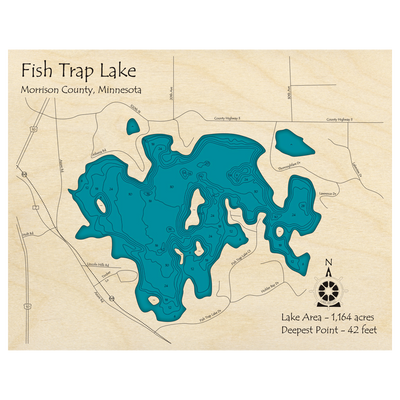 Bathymetric topo map of Fish Trap Lake, MN with roads, towns and depths noted in blue water.