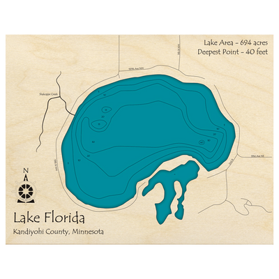 Bathymetric topo map of Florida Lake, MN with roads, towns and depths noted in blue water.