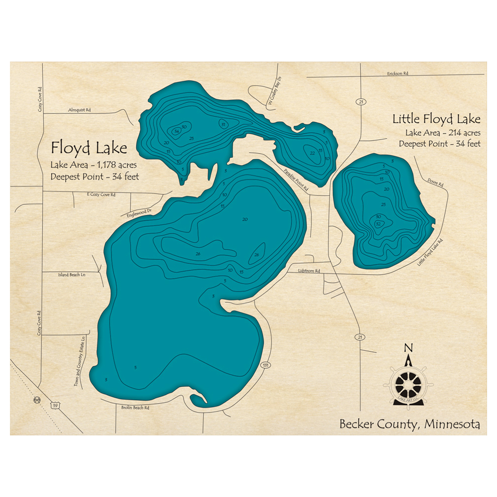 Bathymetric topo map of Floyd Lake, MN with roads, towns and depths noted in blue water.