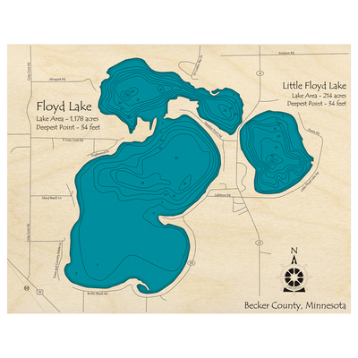 Bathymetric topo map of Floyd Lake, MN with roads, towns and depths noted in blue water.