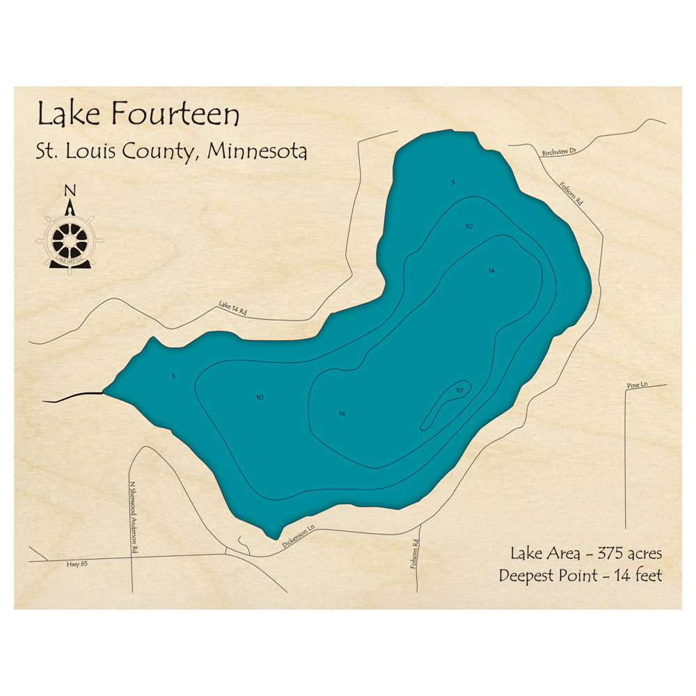 Bathymetric topo map of Lake Fourteen, MN with roads, towns and depths noted in blue water.