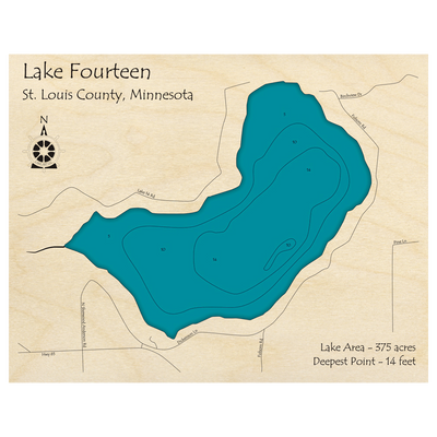 Bathymetric topo map of Lake Fourteen, MN with roads, towns and depths noted in blue water.