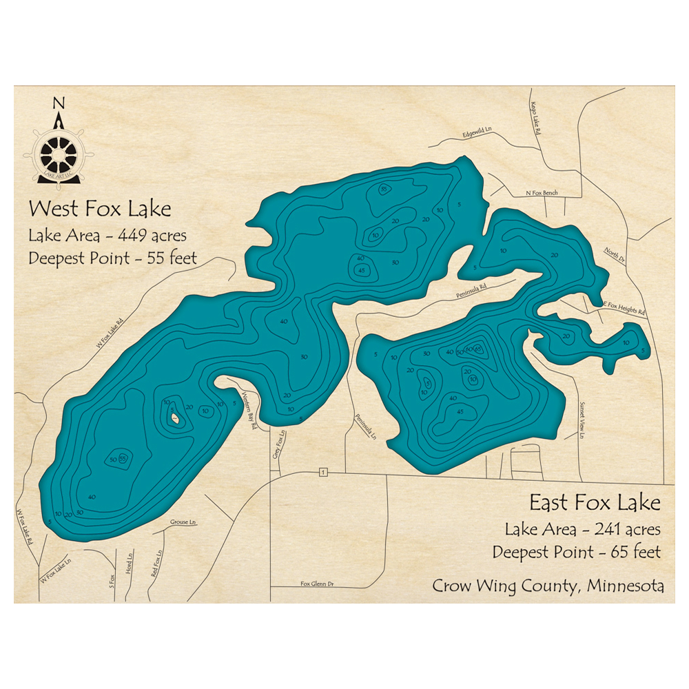 Bathymetric topo map of Fox Lake, MN with roads, towns and depths noted in blue water.
