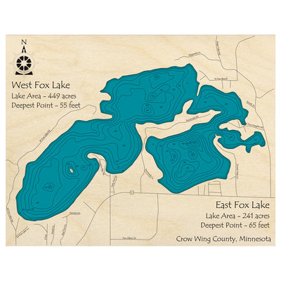 Bathymetric topo map of Fox Lake, MN with roads, towns and depths noted in blue water.