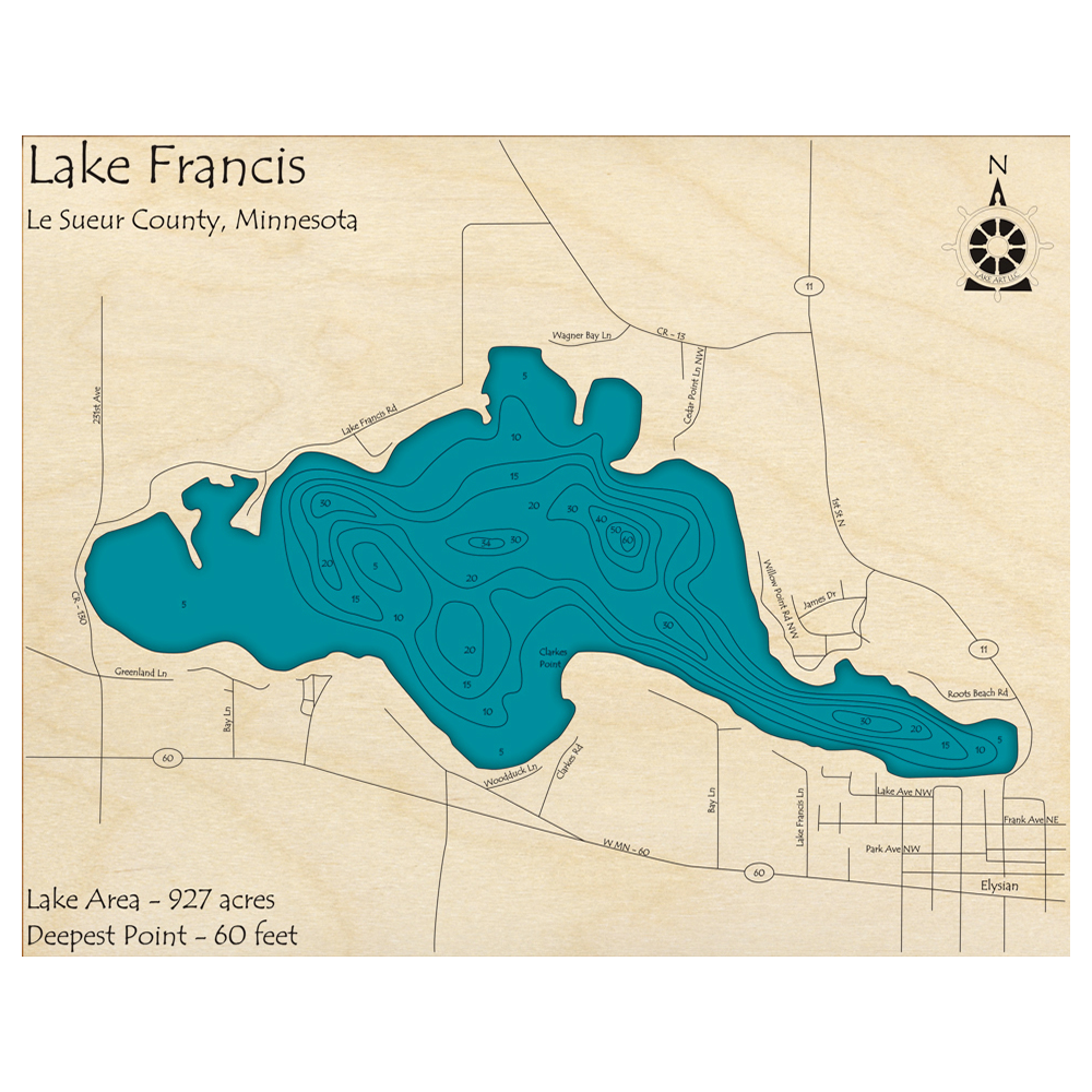 Bathymetric topo map of Lake Francis, MN with roads, towns and depths noted in blue water.