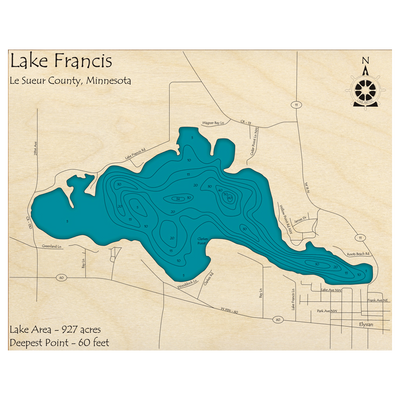 Bathymetric topo map of Lake Francis, MN with roads, towns and depths noted in blue water.
